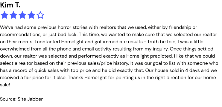 We've had some previous horror stories' with realtors that we used, either by friendship or recommendations, or just bad luck. This time, we wanted to make sure that we selected our realtor on their merits. I contacted Homelight and got immediate results - truth be told, I was a little overwhelmed from all the phone and email activity resulting from my inquiry. Once things settled down, our realtor, John Krol was selected and performed exactly as Homelight predicted. I like that we could select a realtor based on their previous sales/price history. It was our goal to list with someone who has a record of quick sales with top price and he did exactly that. Our house sold in 4 days and we received a fair price for it also. Thanks Homelight for pointing us in the right direction for our home sale!