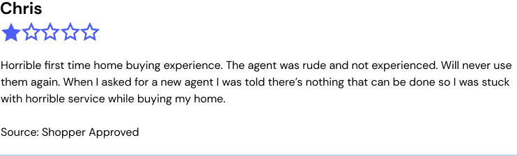 Chris, FL 1/5 stars, Source: Shopper Approved 
Horrible first time home buying experience , the agent was rude and not experienced , will never use them again , when I asked for a new agent I was told there's nothing that can be done so I was stuck with horrible service while buying my home