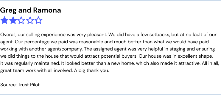 Overall, our selling experience was very pleasant. We did have a few setbacks, but at no fault of our agent. Our percentage we paid was reasonable and much better than what we would have paid working with another agent/company. The assigned agent was very helpful in staging and ensuring we did things to the house that would attract potential buyers. Our house was in excellent shape,  it was regularly maintained. It looked better than a new home, which also made it attractive. All in all, great team work with all involved. A big thank you.