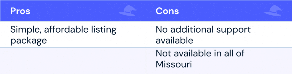 Pros: Simple, affordable listing package
Cons: No additional support available; Not available in all of Missouri