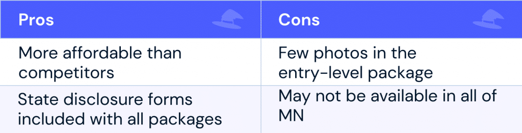 Pros: more affordable than competitors; state disclosures included with all packages
Cons: Few photos in the entry-level package; may not be available in all of MN