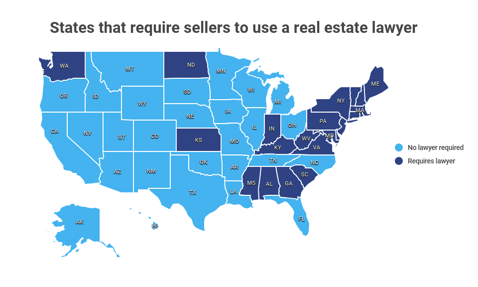 Map of states that require you to use a real estate lawyer.
