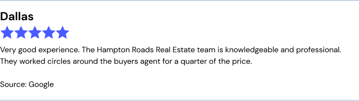 Very good experience. The Hampton Roads Real Estate team is knowledgeable and professional. They worked circles around the buyers agent for a quarter of the price.