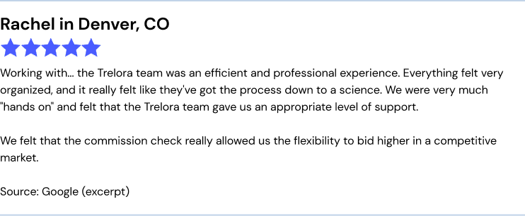 Rachel in Denver, CO, 5 stars: Working with... the Trelora team was an efficient and professional experience. Everything felt very organized, and it really felt like they've got the process down to a science. We were very much "hands on" and felt that the Trelora team gave us an appropriate level of support. We felt that the commission check really allowed us the flexibility to bid higher in a competitive market.. Source: Google, excerpt