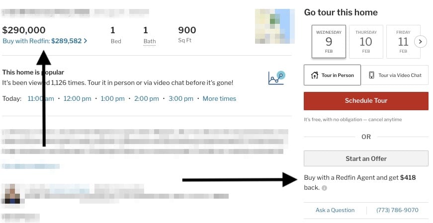 Screenshot of a house listing that is eligible for the Redfin Refund, with black arrows pointing to the "Buy with Redfin" link and the estimated rebate.