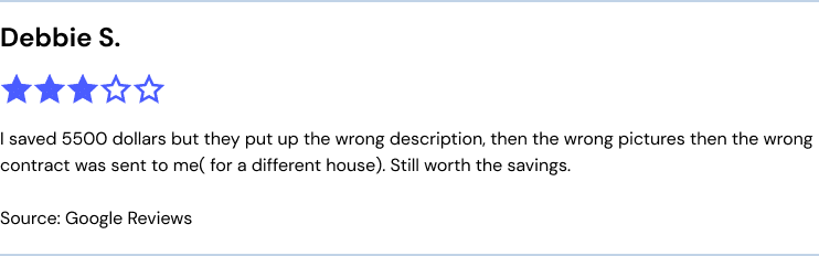 "I saved 5500 dollars but they put up the wrong description, then the wrong pictures then the wrong contract was sent to me( for a different house). Still worth the savings. Source: Google Reviews
