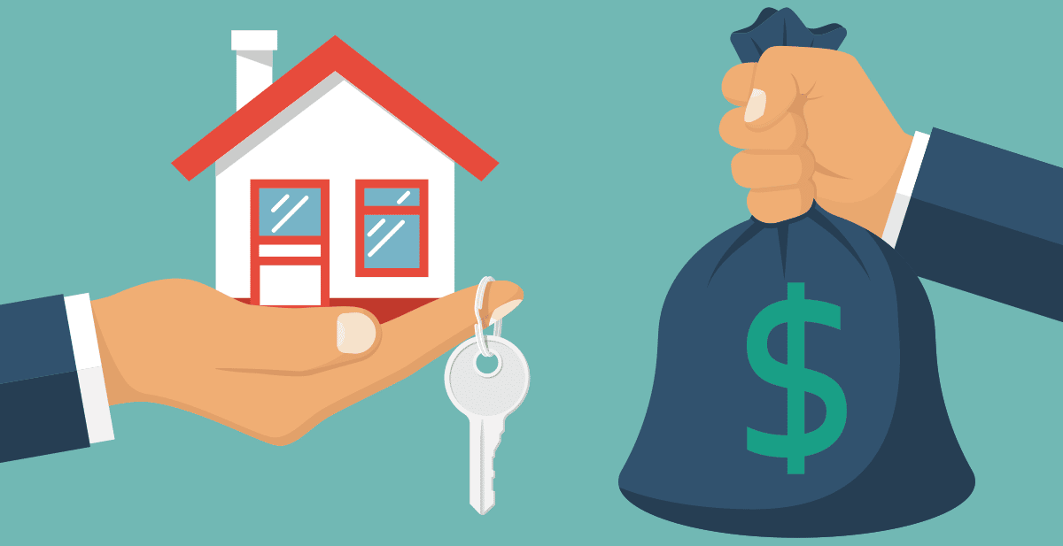 Hand holding a model house and key while another hand holds out a bag of money