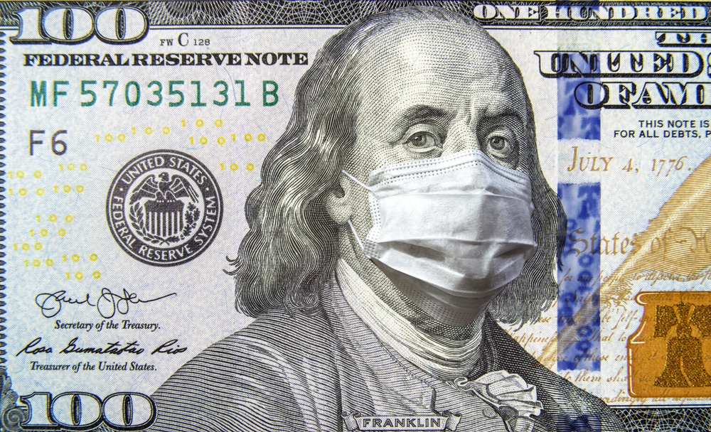 inflation covid image, 100 dollar bill with a mask over benjamin franklin