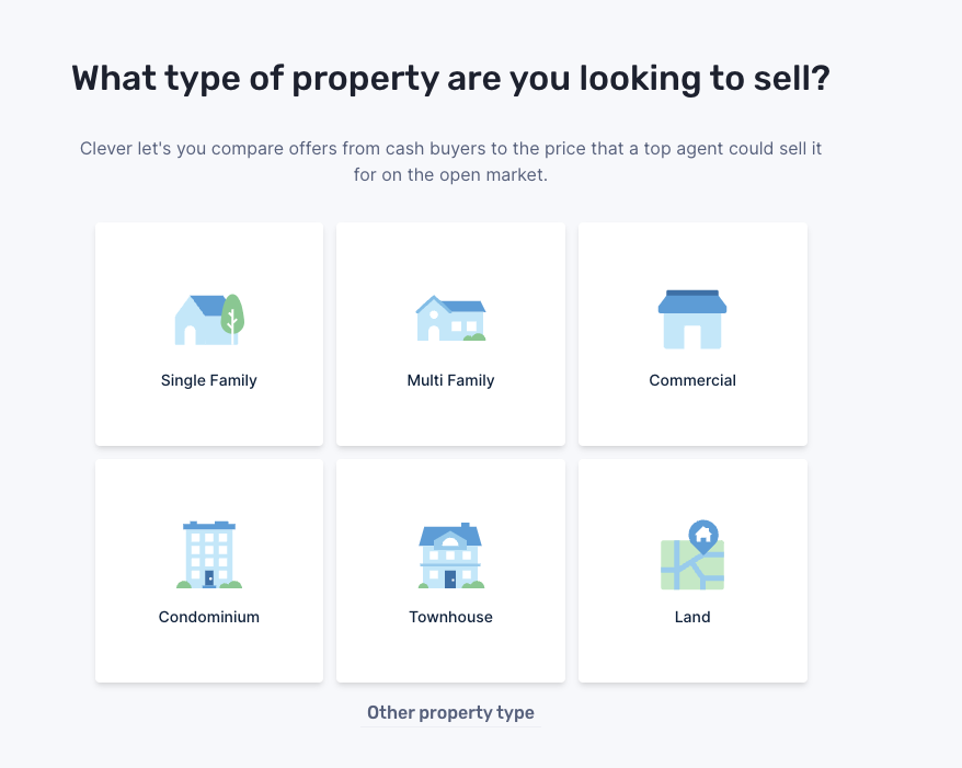 Selection screen to choose a property type