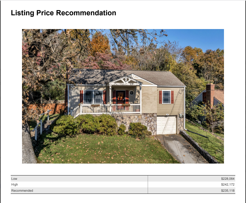 Image from an actual CMA report showing the low, high, and recommended offer price on a property