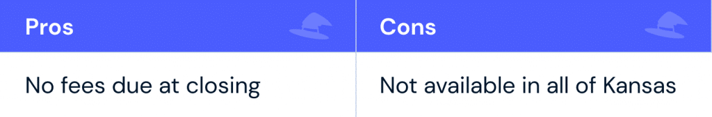 Pros: No fees due at closing Cons: Not available in all of Kansas