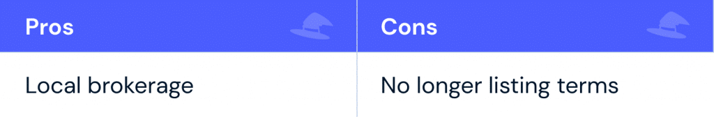 Pros: local brokerages Cons: no longer listing terms