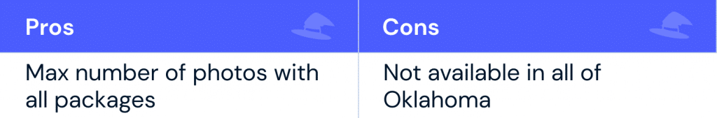 Pros: max number of photos with all packages Cons: not available in all of Oklahoma